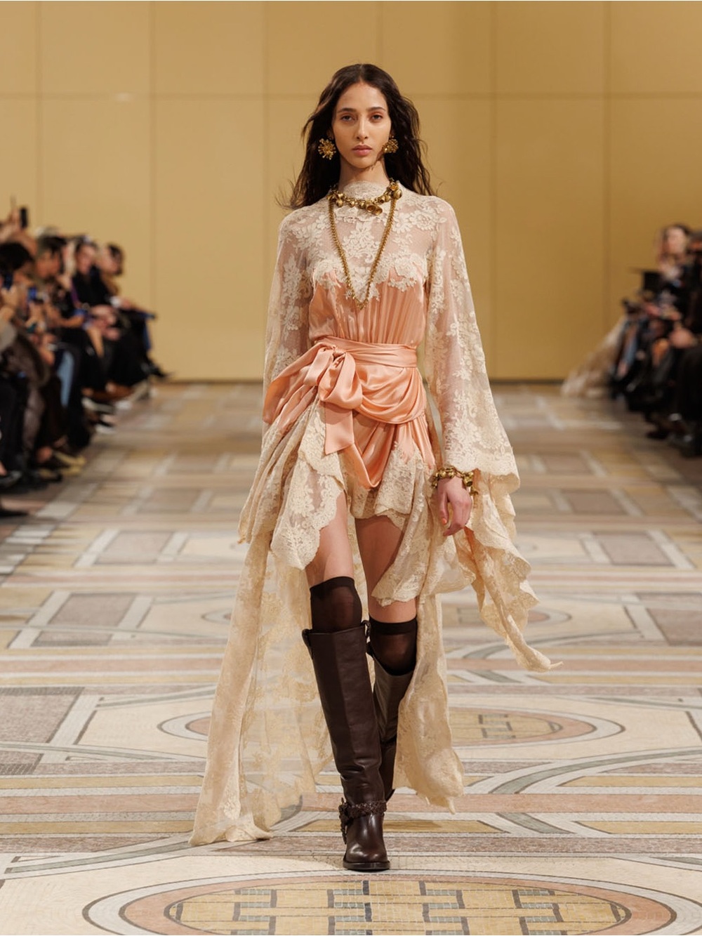 Zimmermann Hypnotic Long Sleeve Draped Lace & Silk Satin High-Low Dress